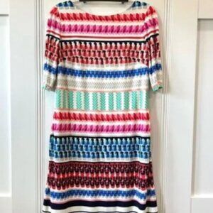 Eliza J Printed Stripe Shift Dress Women’s Size 10 Stretch Midi 3/4 Sleeve